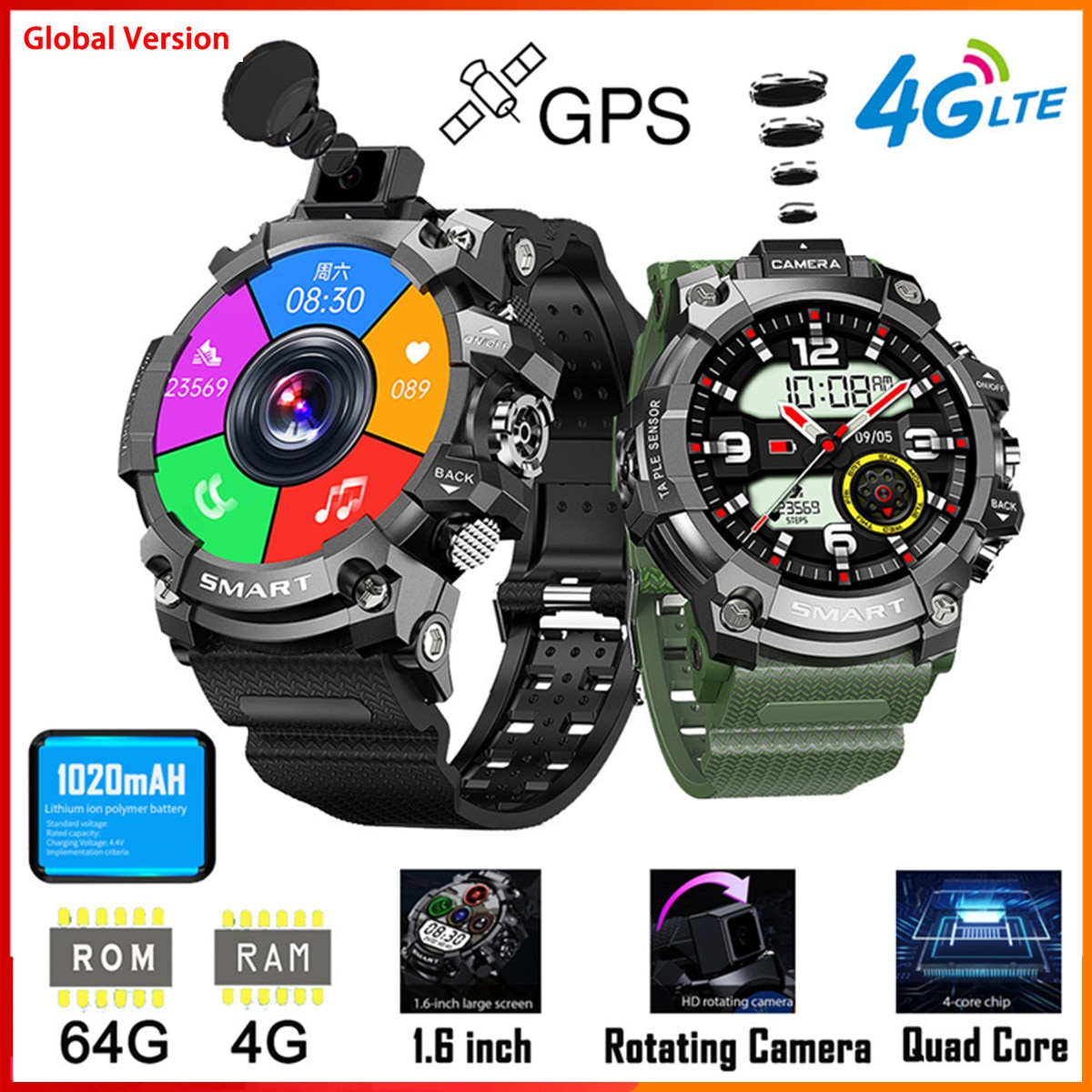 ο ȵ̵ 4G Ʈ ġ ߿  GPS  ø ī޶ 1.6 ġ 400*400 ȭ 4G RAM 64G ROM Sim ī Smartwatch